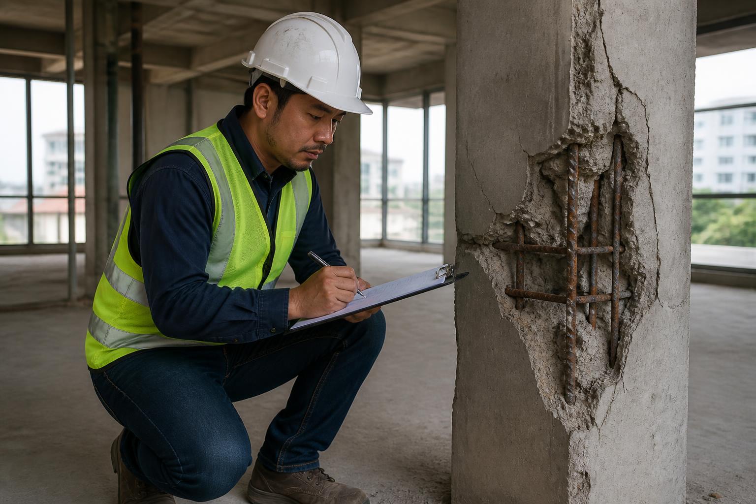 Engenheiro registrando em laudo estrutural rachaduras e concreto desplacado em pilar
