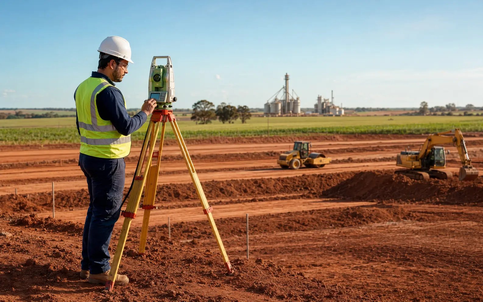 Profissional realizando levantamento topográfico com equipamentos profissionais em obra