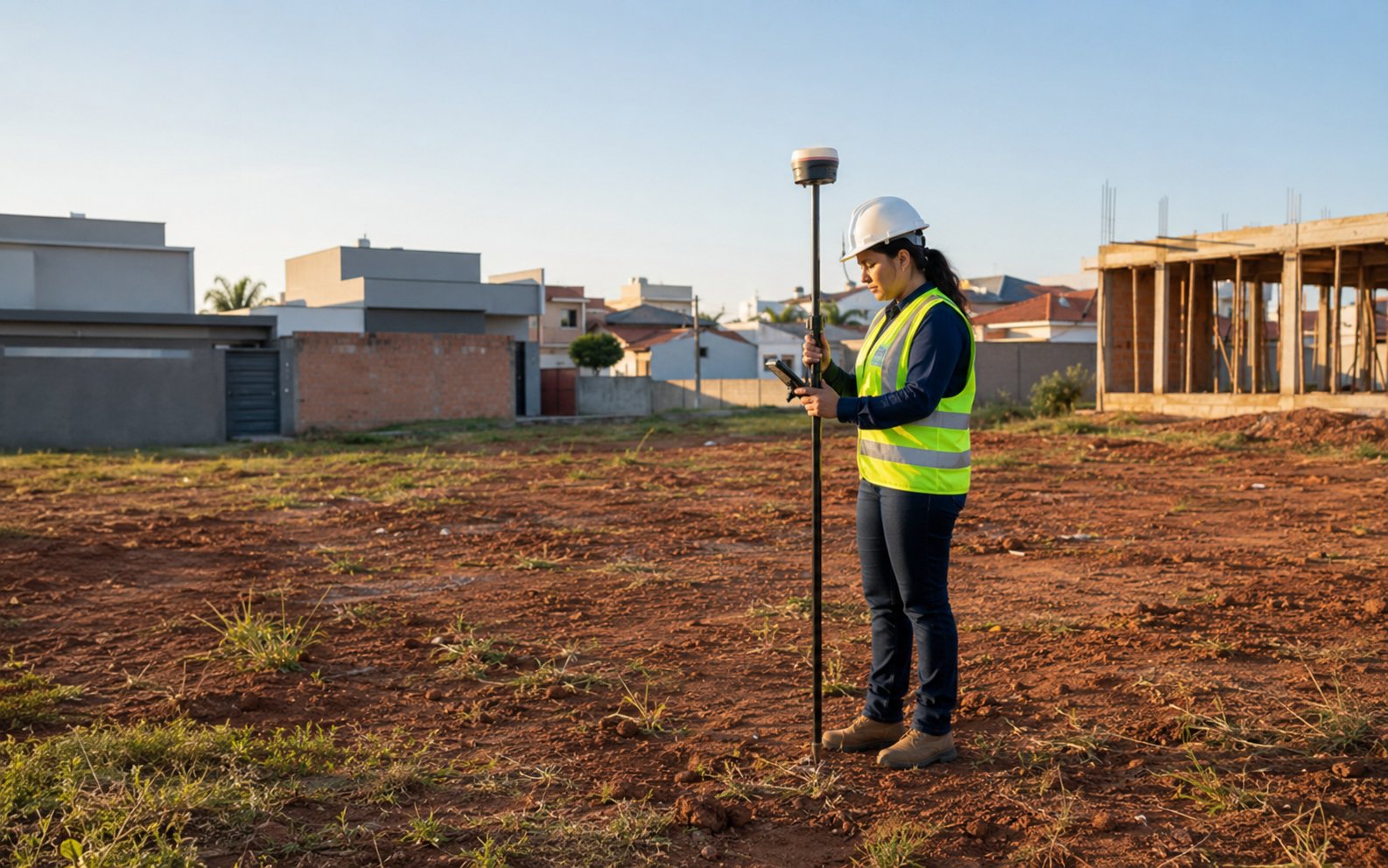 Engenheiro operando estação total em terreno urbano com casas ao fundo