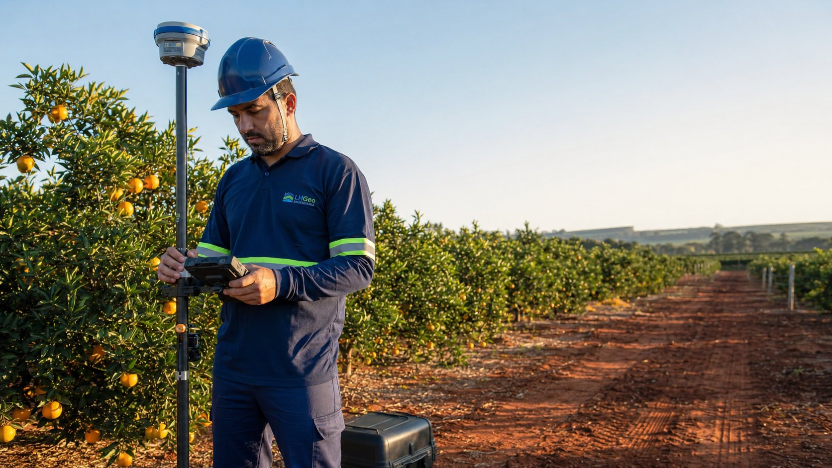 Profissional realizando levantamento topográfico com receptor GNSS RTK em área rural