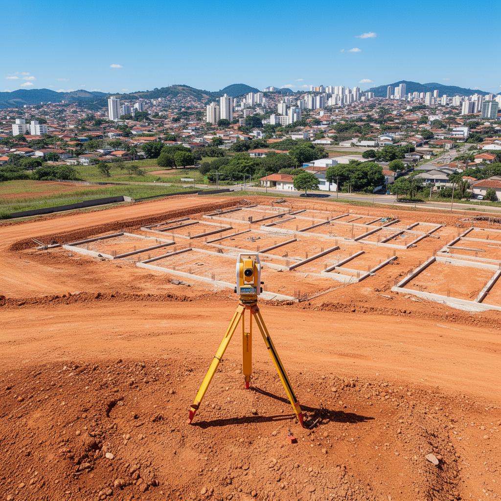 Topógrafo com estação total em canteiro de obras de construção civil em Ribeirão Preto