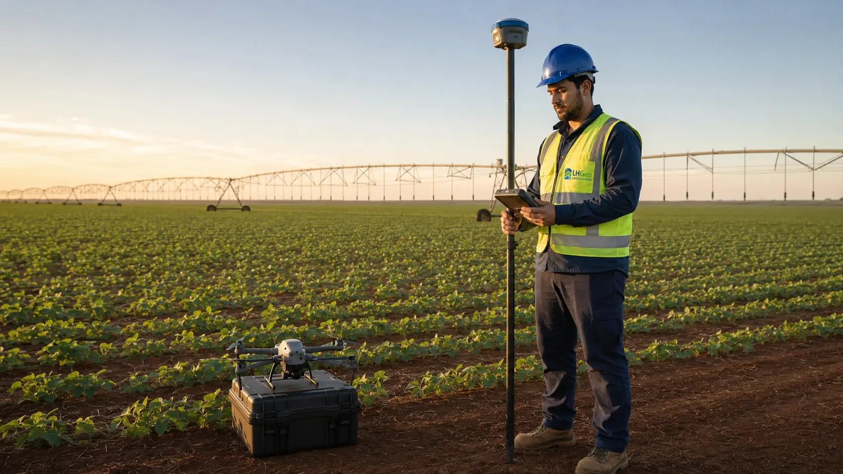 Profissional operando drone RTK em propriedade rural extensa