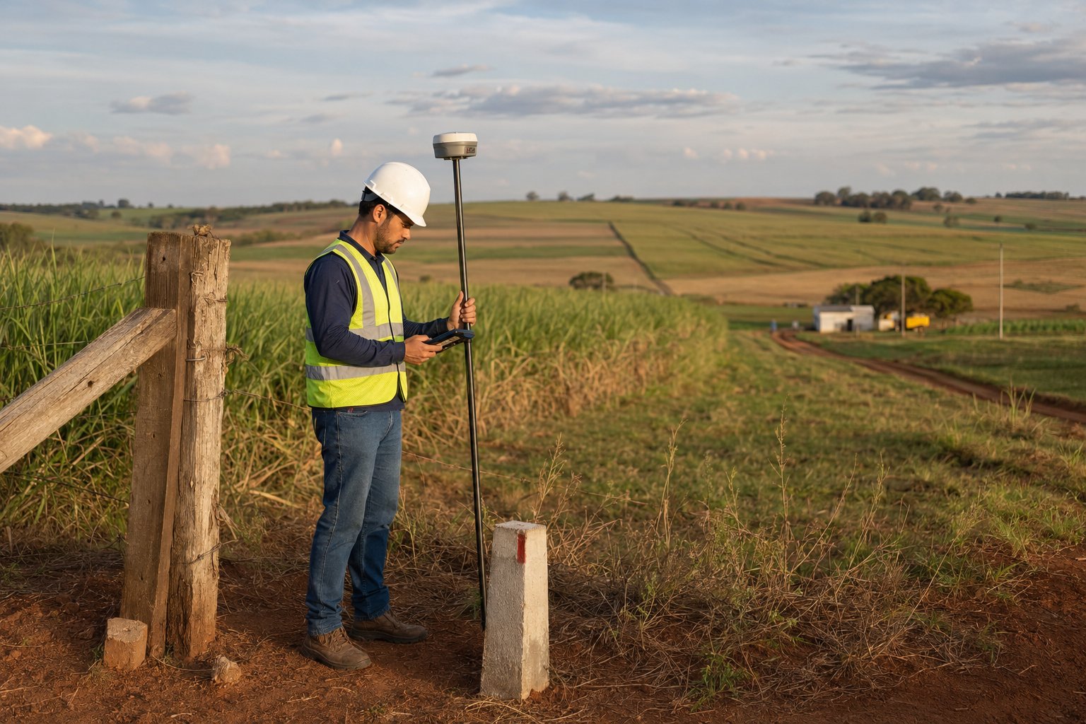 Profissional realizando levantamento topográfico com receptor GNSS RTK em área rural