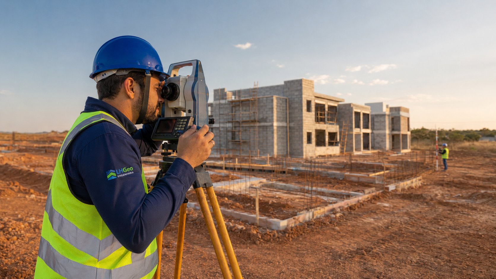 Profissional operando estação total em obra industrial em Monte Alto