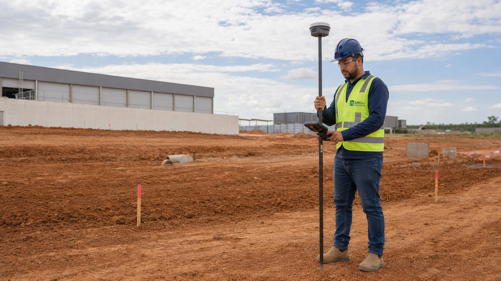 Profissional realizando levantamento topográfico com equipamento profissional em obra