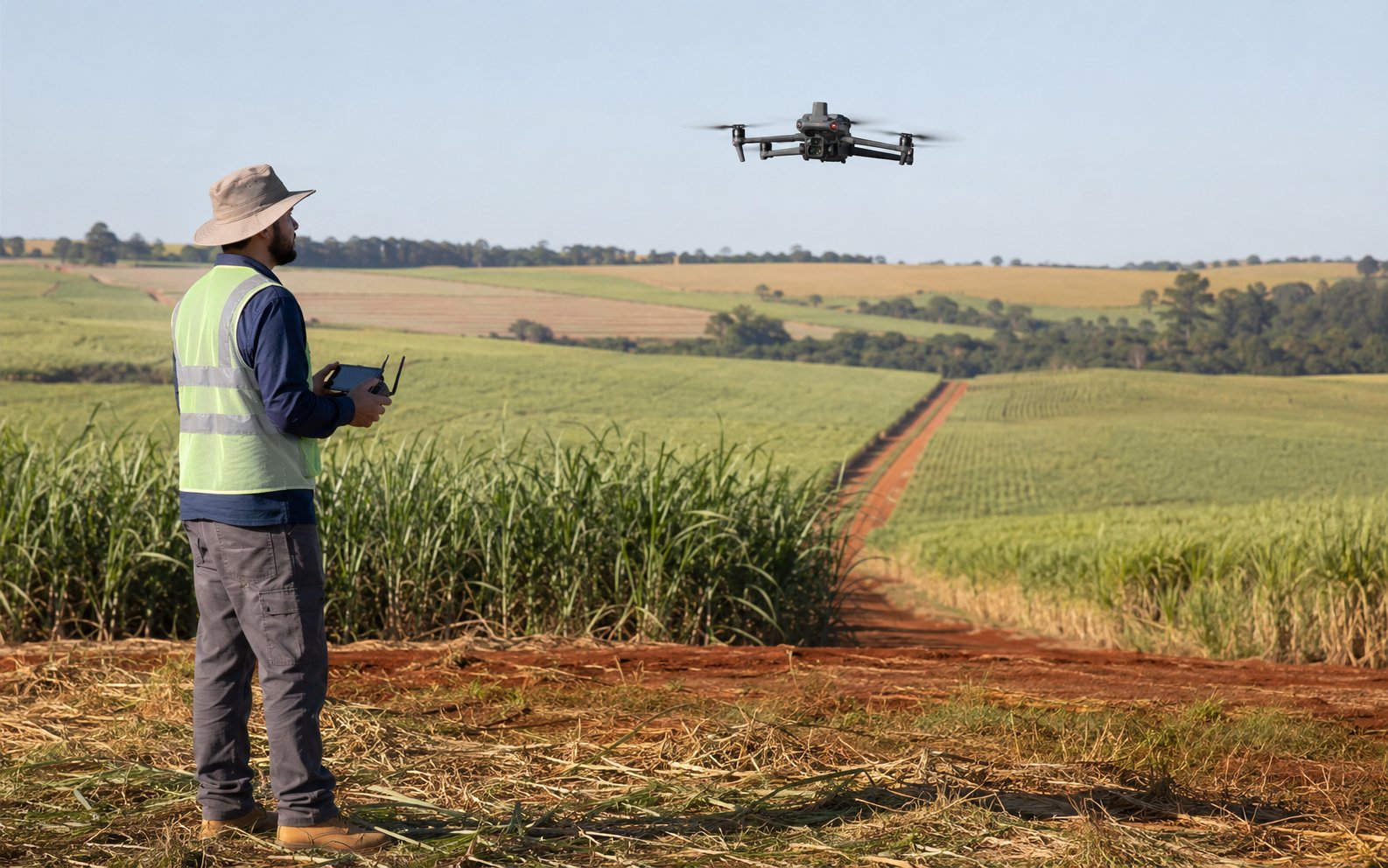 Profissional operando drone RTK profissional em propriedade rural com relevo suave