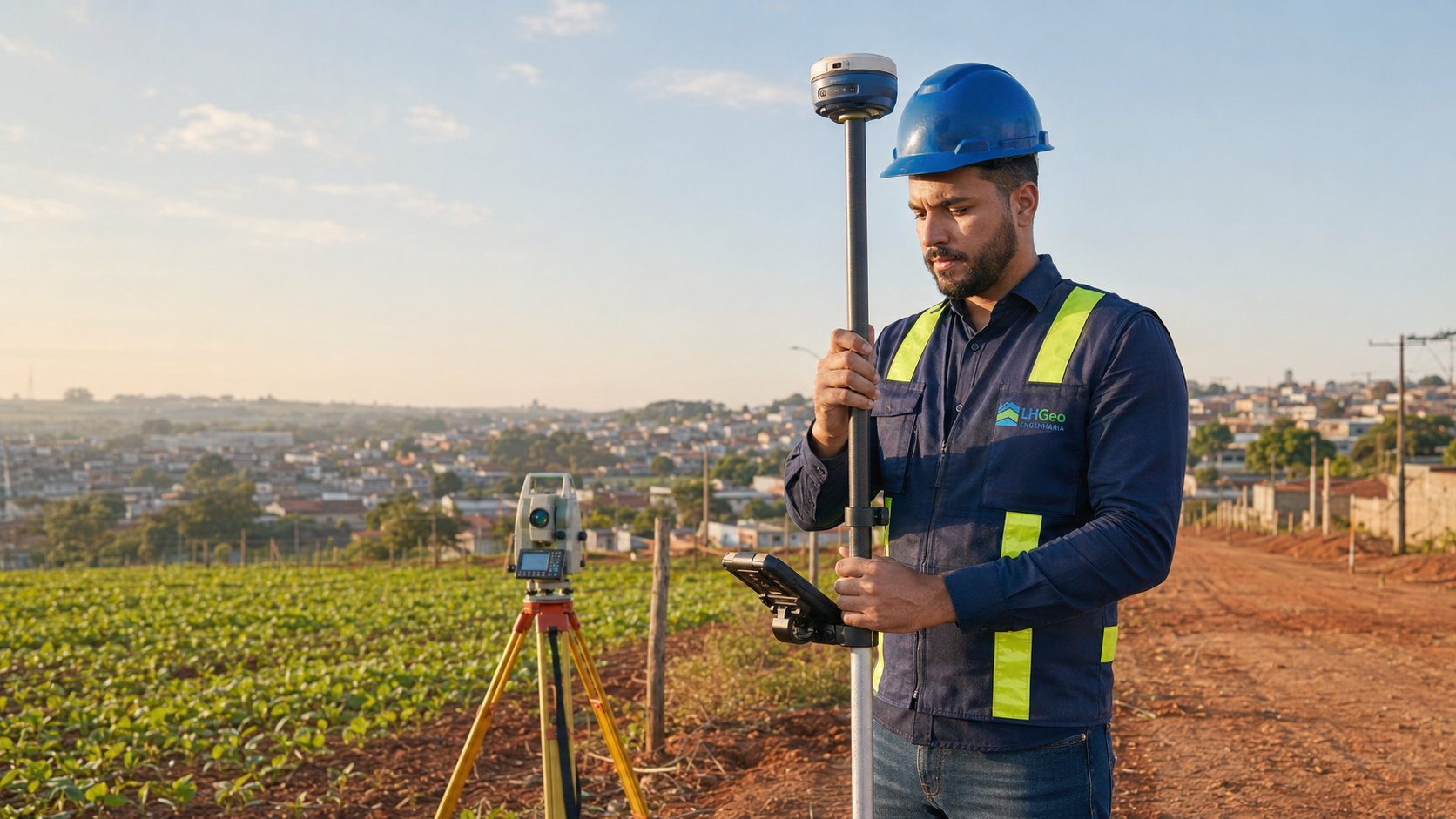 Profissional operando estação total em levantamento de terreno urbano