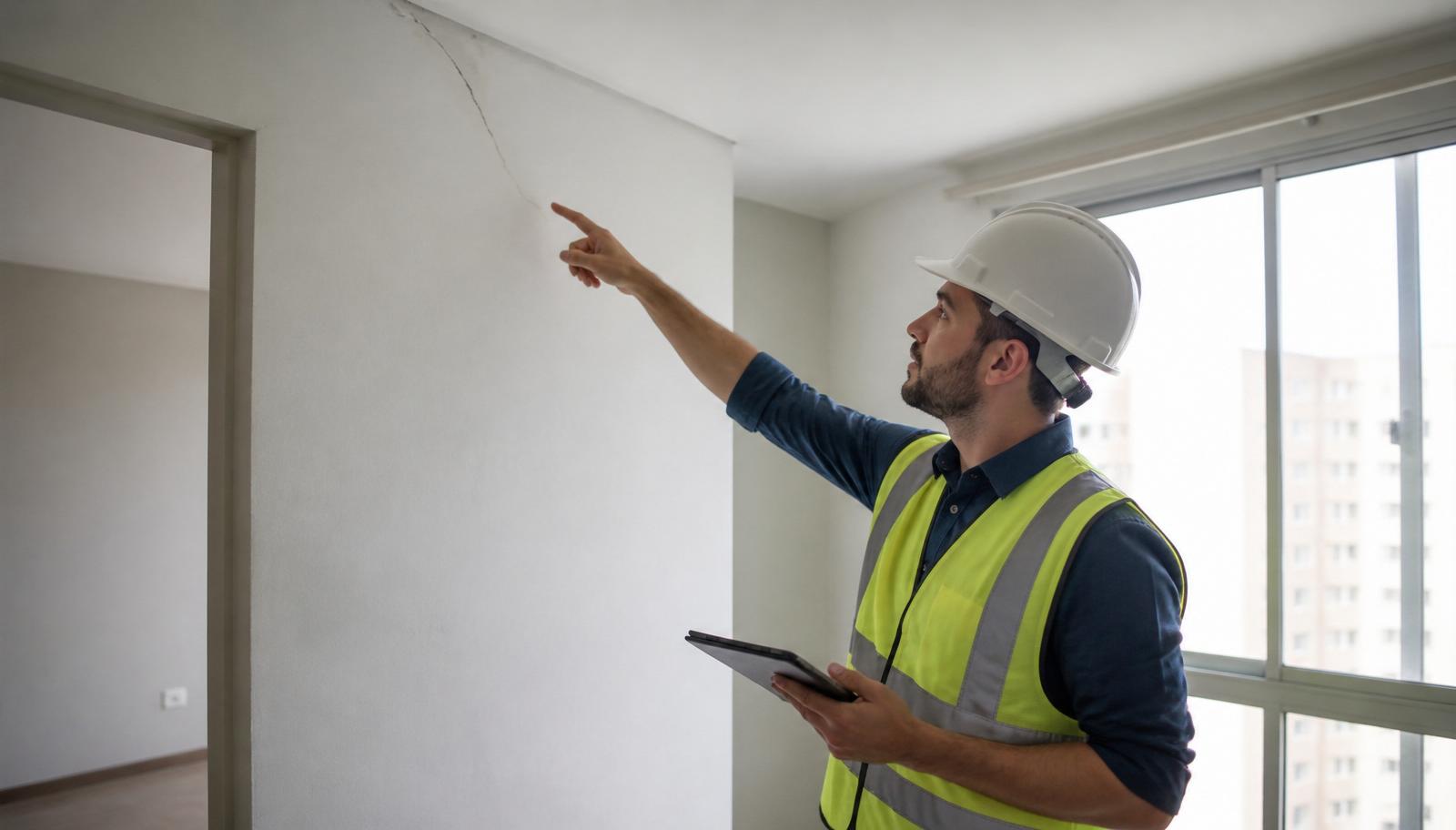 Engenheiro realizando vistoria técnica de entrega em apartamento novo com registro fotográfico