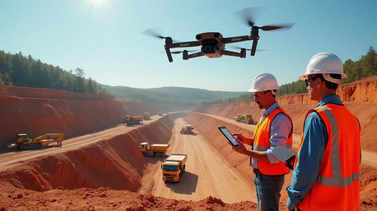 Volumetria de corte e aterro em obra de terraplenagem com drone profissional