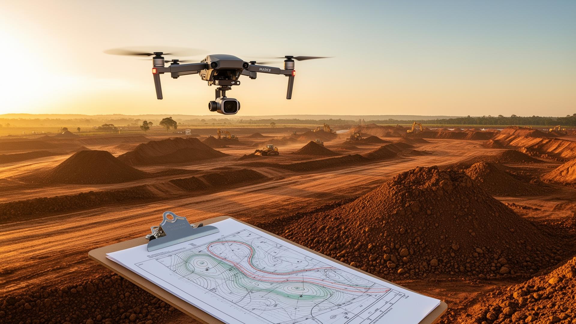 Pátio com pilhas de material levantadas por drone para cálculo de volume